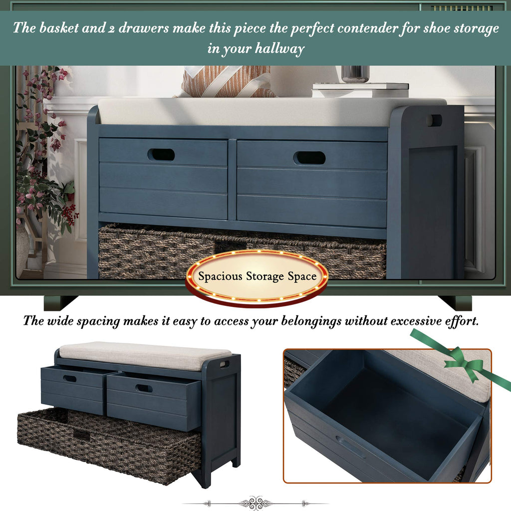 Navy Storage Bench with Drawers and Basket B49078