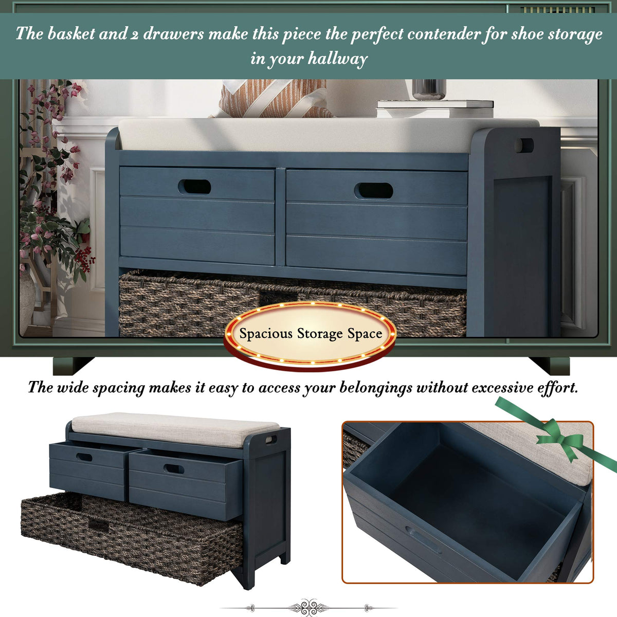 Navy Storage Bench with Drawers and Basket B49078