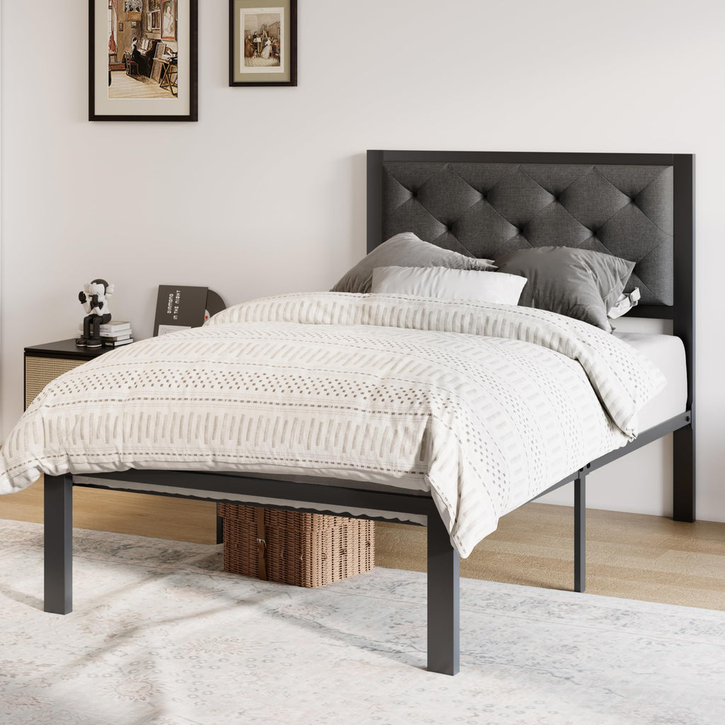 Twin Bed Frame with Upholstered Headboard, Dark Grey L1879