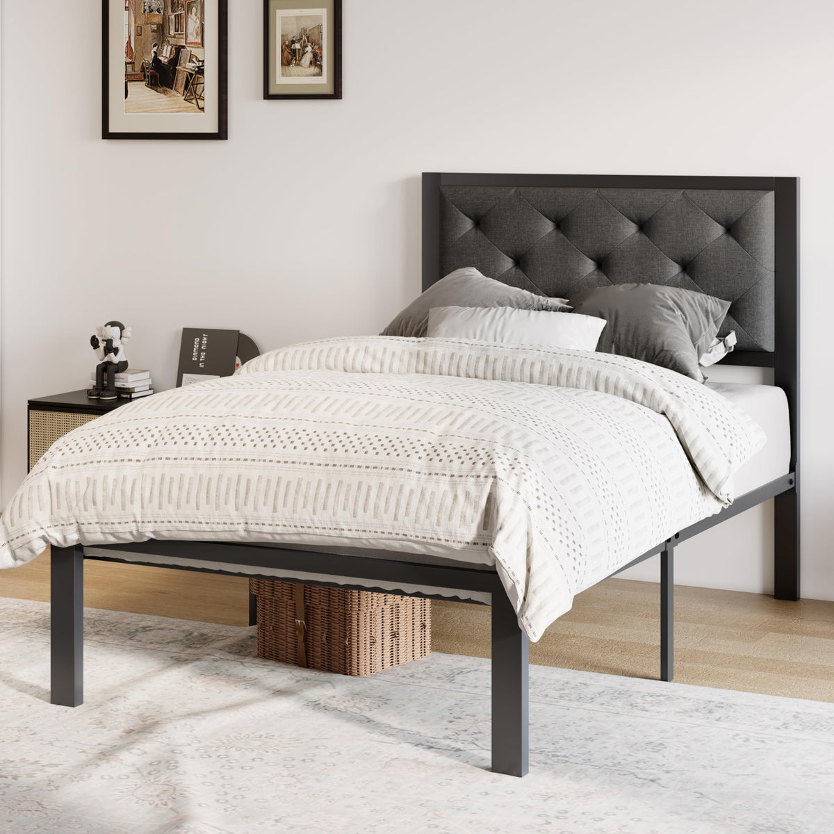 Twin Bed Frame with Upholstered Headboard, Dark Grey L1879