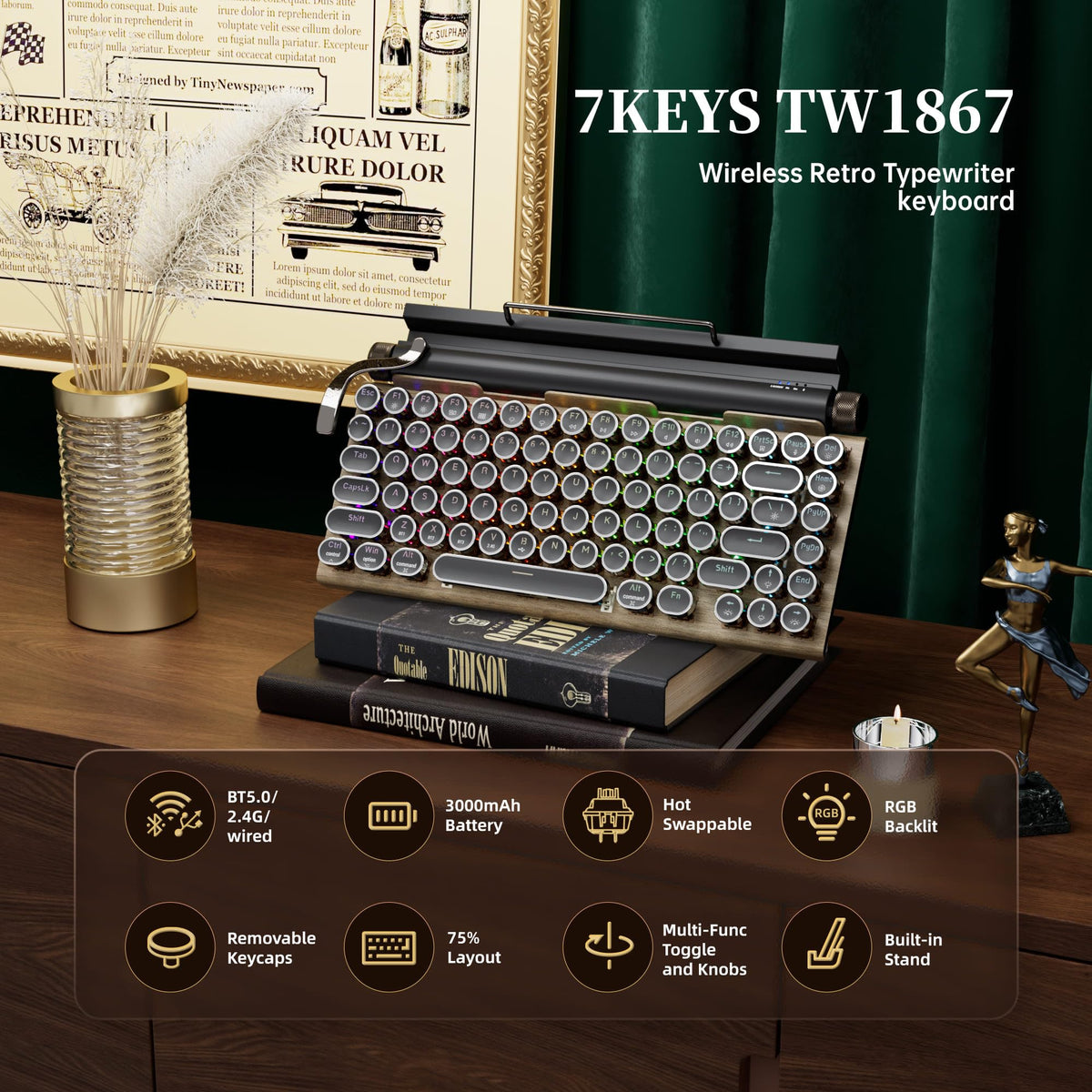 Wireless Retro Mechanical Keyboard with Wrist Rest N9439