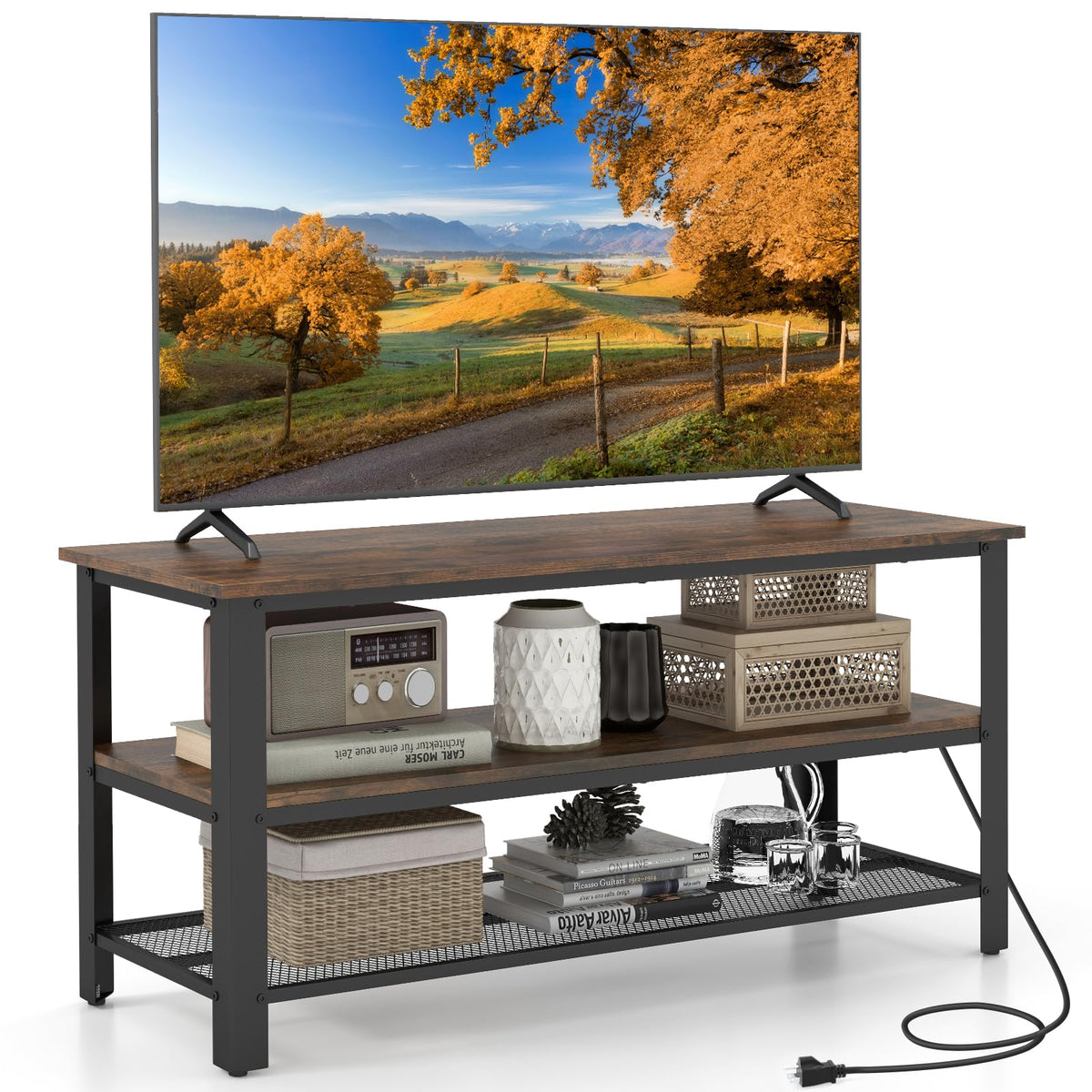 Small 3-Tier TV Stand with Power Outlets and USB Ports X139