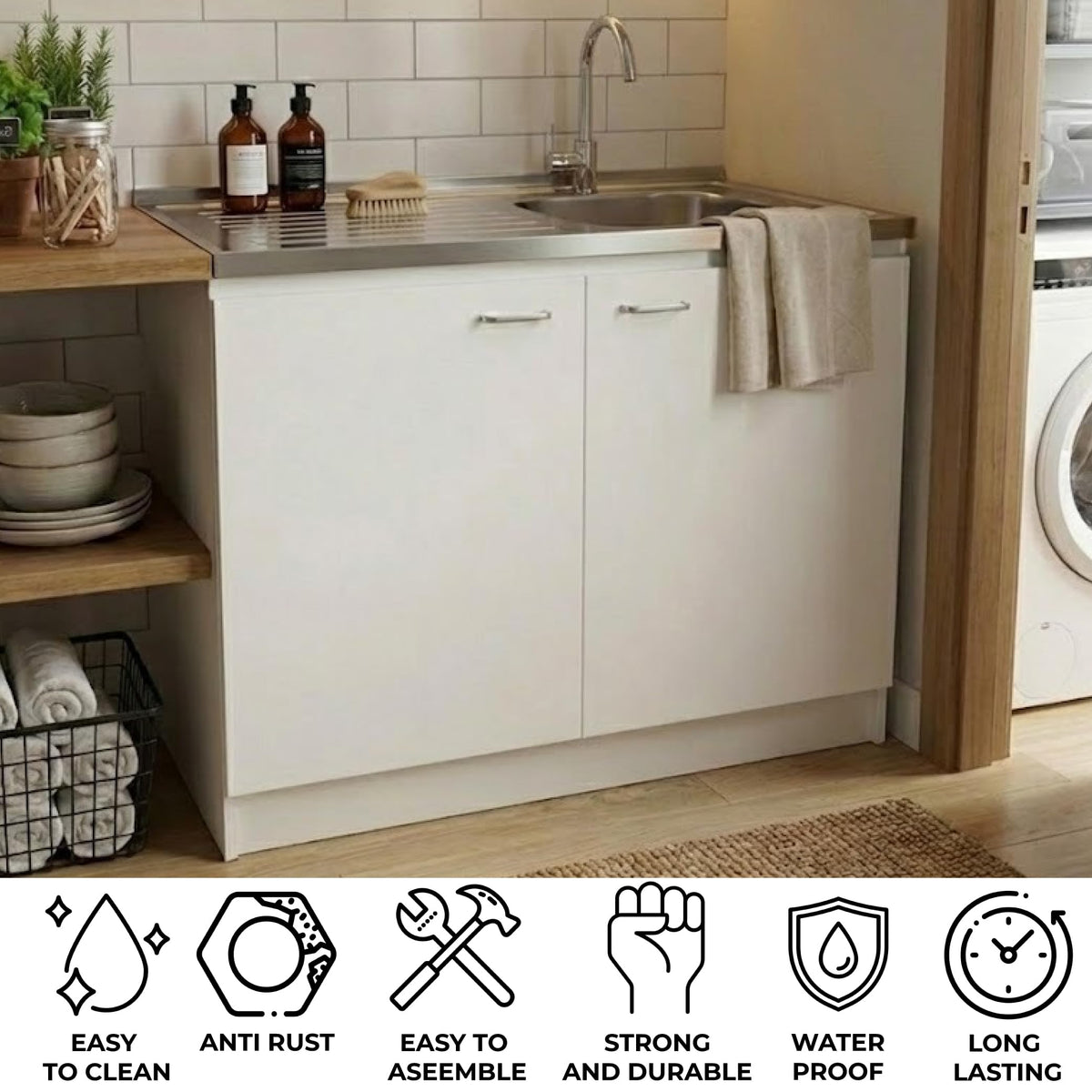 White 39 in Kitchen Sink Cabinet with Stainless Steel Top Q60356