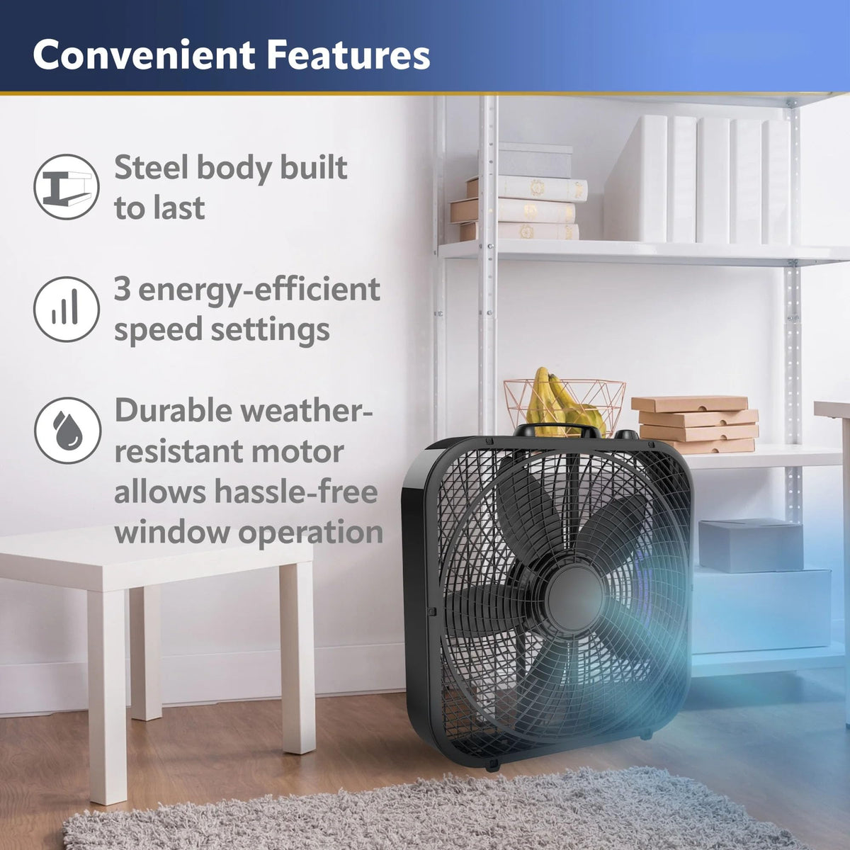 Black 20-inch 3-Speed Box Fan with Handle M28183