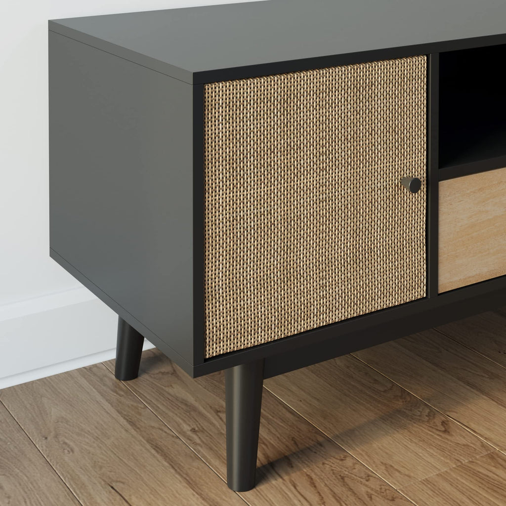 Black Oak Rattan TV Stand with Storage Doors A879717