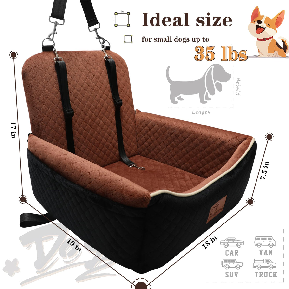 Dog Car Seat Bed 2 in 1 Memory Foam Removable Washable F3509