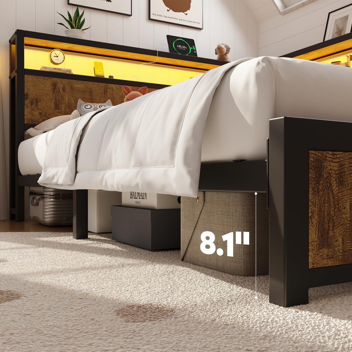 Queen Corner Bed Frame with Storage Headboard and Charging Station U137516