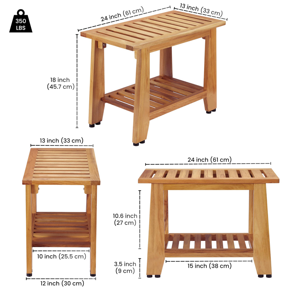24'' Heavy Duty Teak Wood Shower Bench with Storage Shelf Z43703