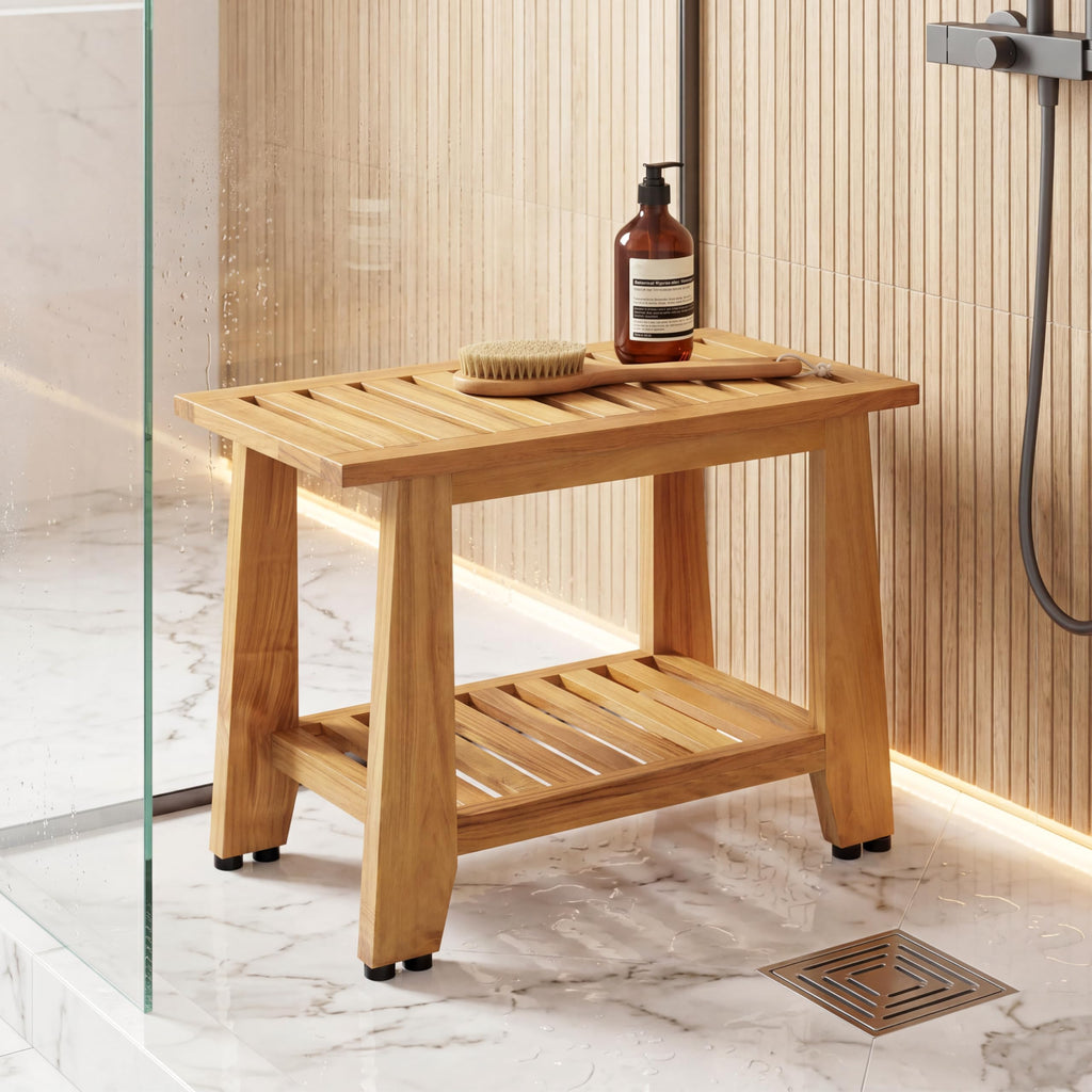24'' Heavy Duty Teak Wood Shower Bench with Storage Shelf Z43703