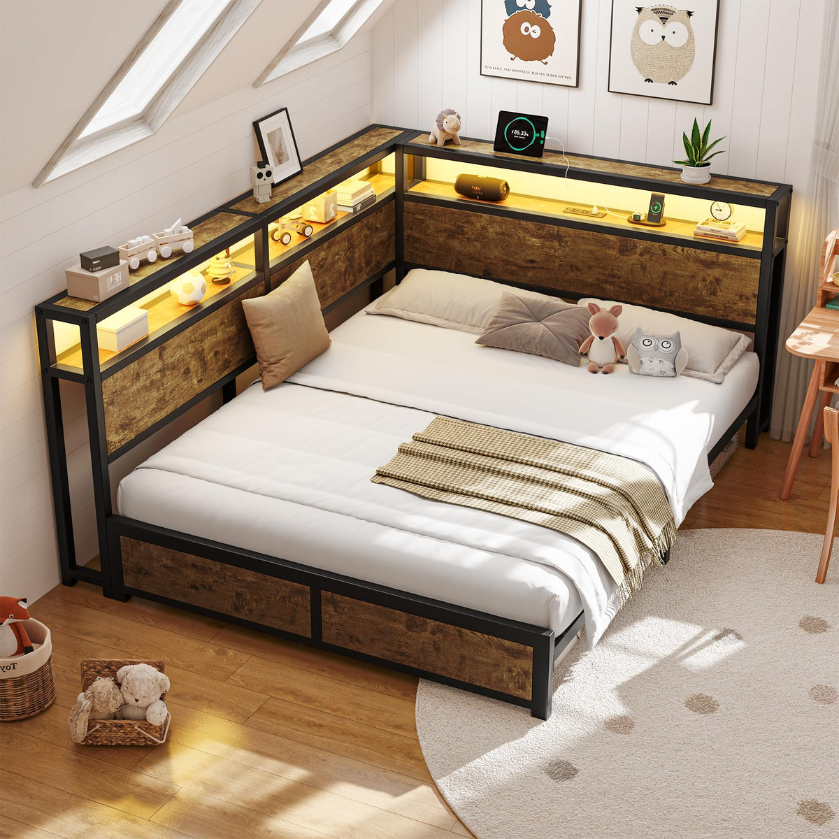Queen Corner Bed Frame with Storage Headboard and Charging Station U137516