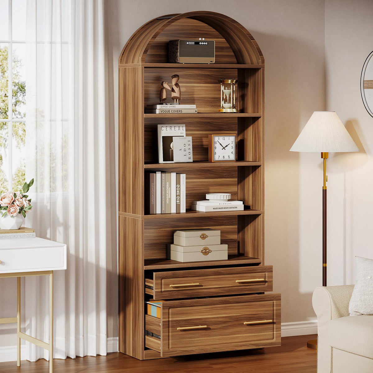 76.8" Tall Arched Bookcase with File Cabinet Drawer, Walnut Brown I539