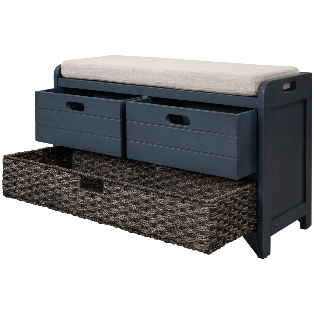 Navy Storage Bench with Drawers and Basket B49078