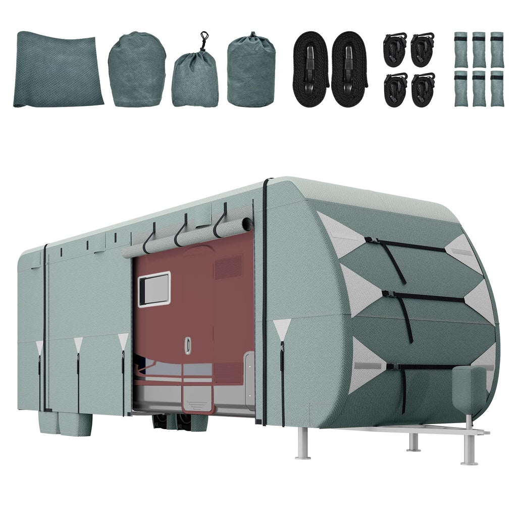 24-27FT Waterproof 7-Layer Camper Cover with Tongue Jack Cover, Tire Covers, Gutter Covers W6152