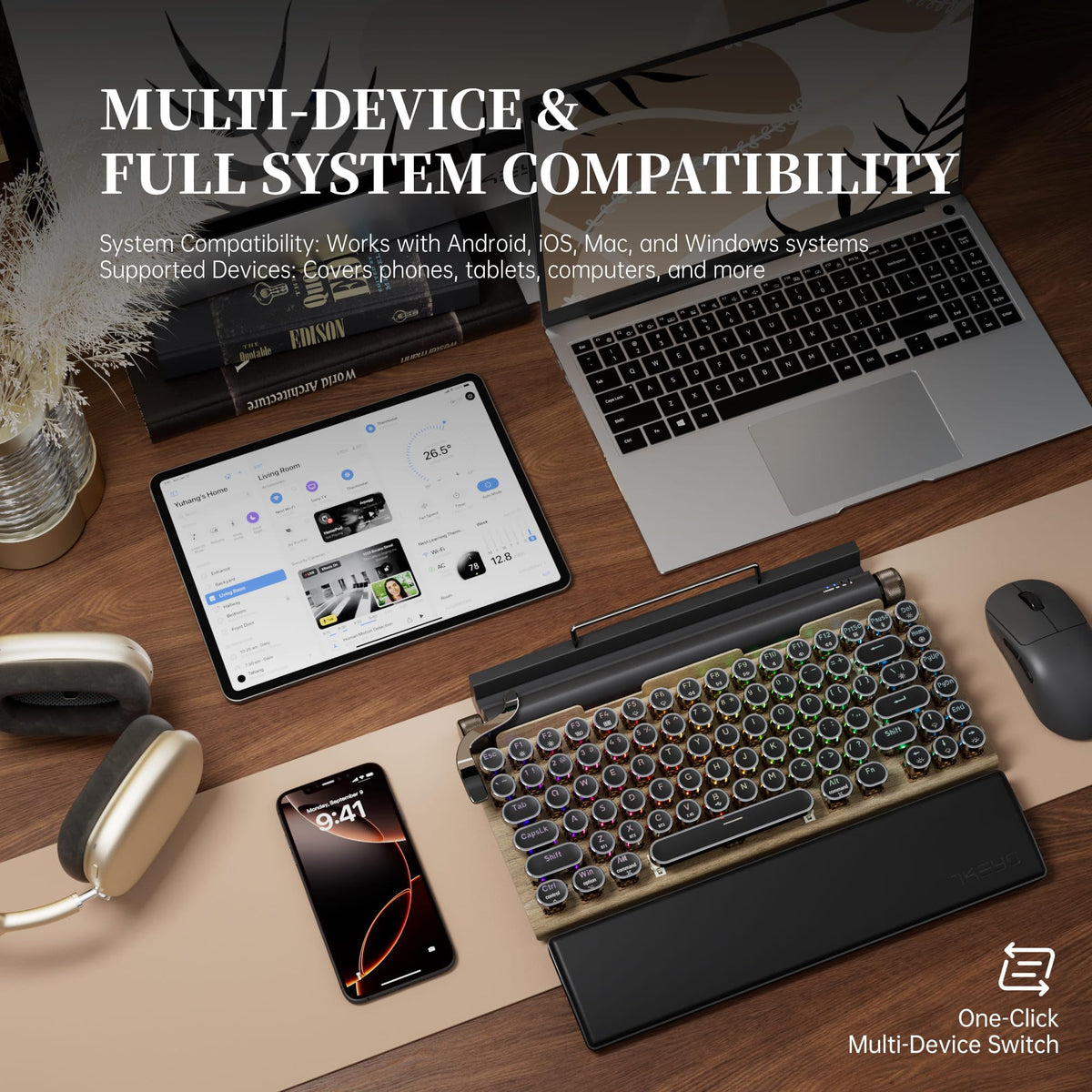 Wireless Retro Mechanical Keyboard with Wrist Rest N9439