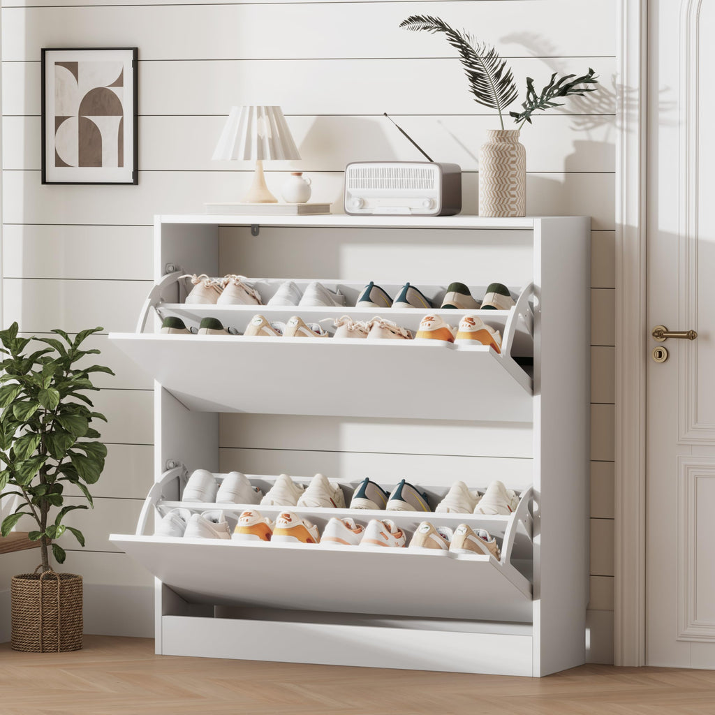 White 2 Flip Drawer Wood Shoe Storage Cabinet Z548