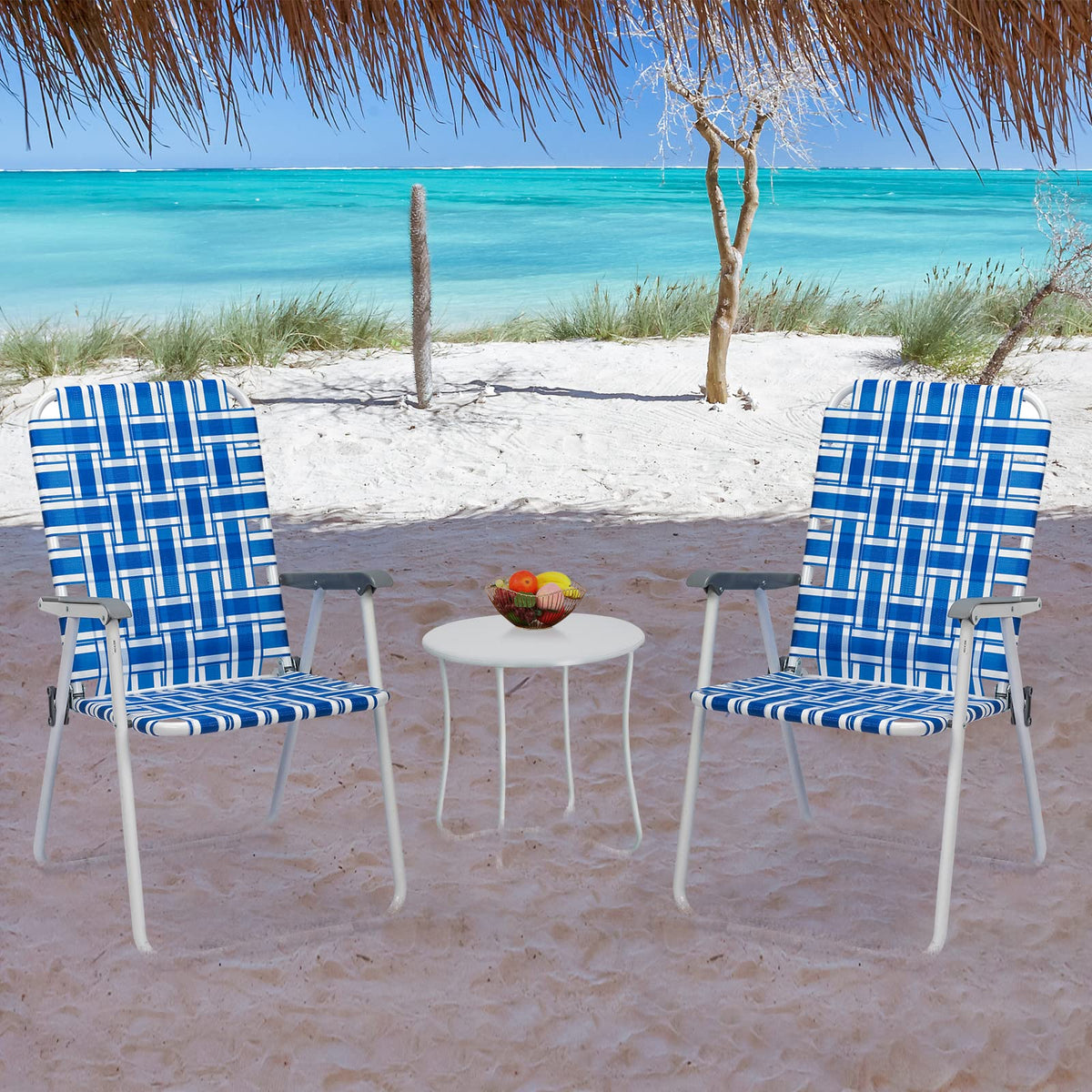 Folding Aluminum Webbed Lawn Chairs Set of 2 Blue & White Strip A581
