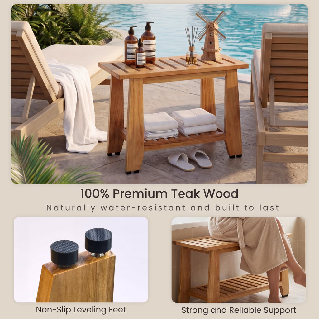 24'' Heavy Duty Teak Wood Shower Bench with Storage Shelf Z43703