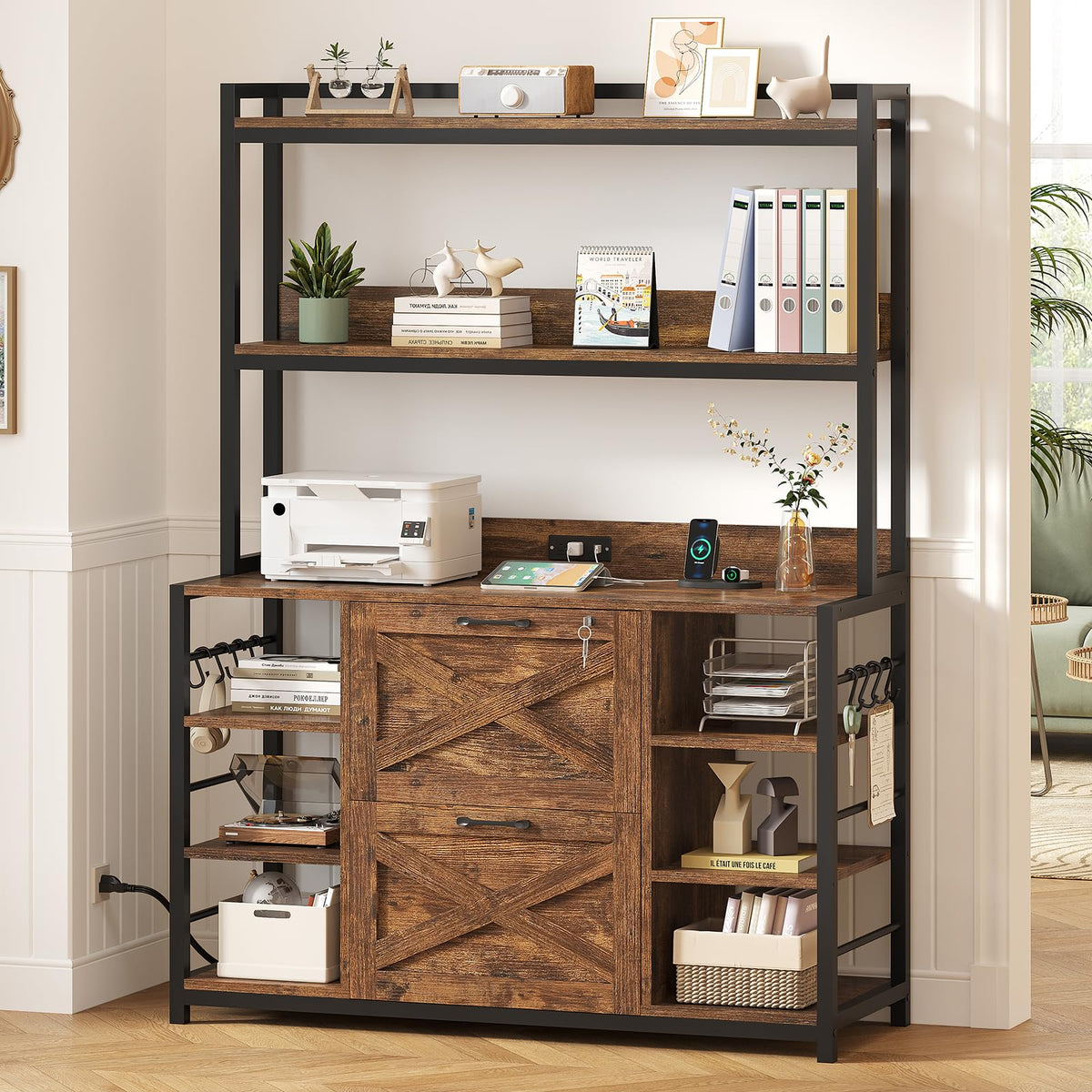 2 Drawer File Cabinet with Lock and Open Storage Shelves, Rustic Brown Y146