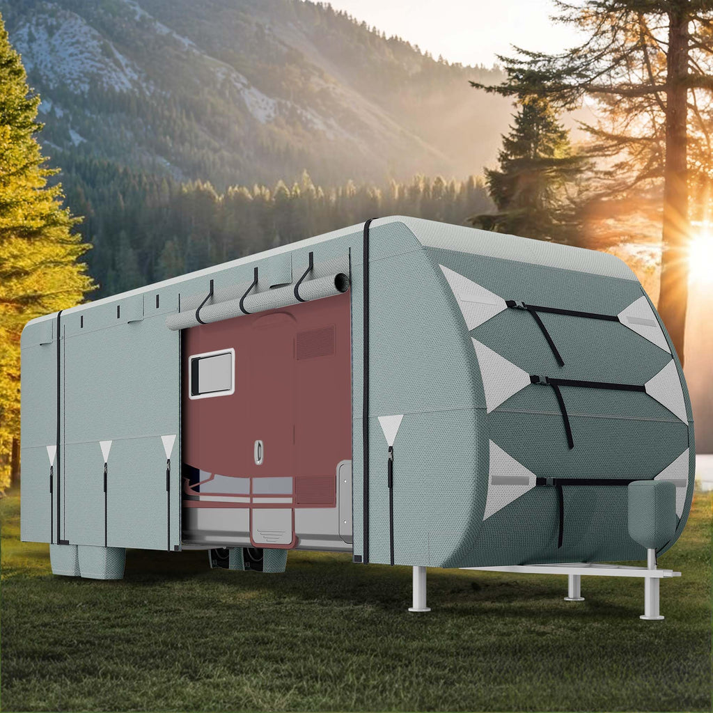24-27FT Waterproof 7-Layer Camper Cover with Tongue Jack Cover, Tire Covers, Gutter Covers W6152