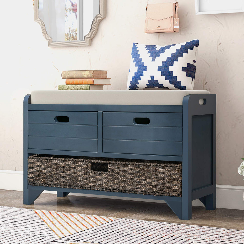 Navy Storage Bench with Drawers and Basket B49078