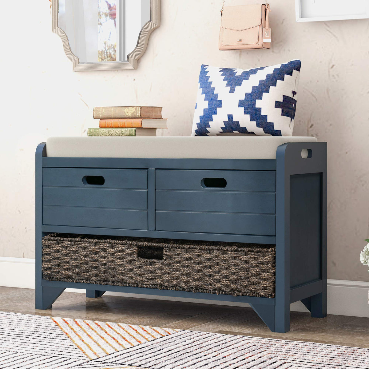 Navy Storage Bench with Drawers and Basket B49078