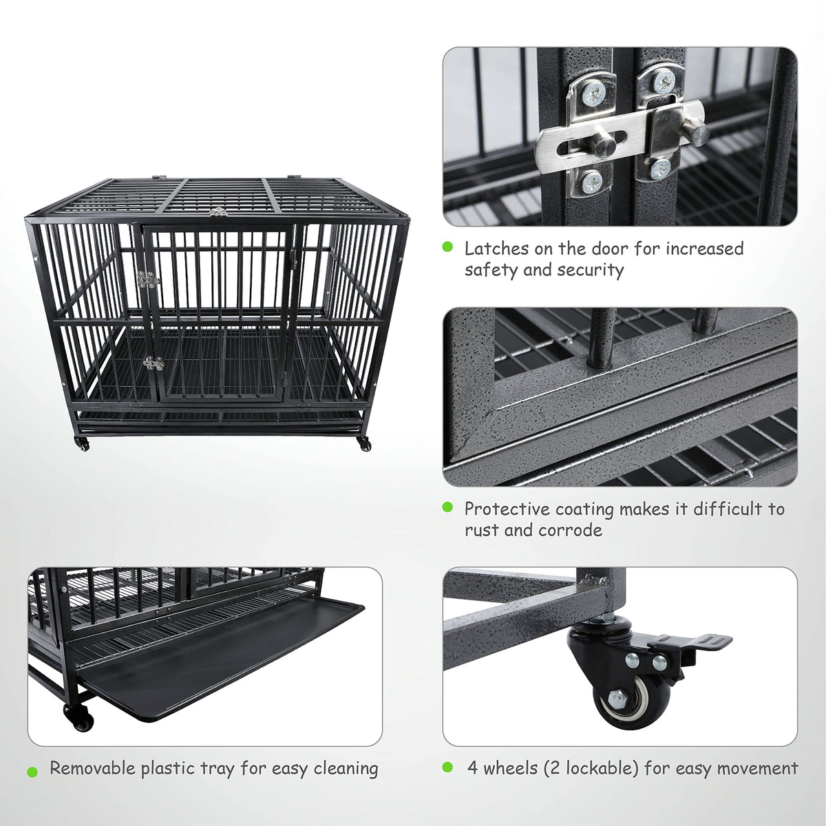 42 inch Heavy Duty Metal Dog Cage with Double Doors & Lockable Wheels V32254