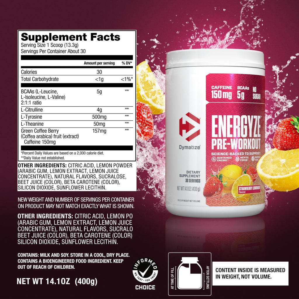 Pre Workout Powder Strawberry Lemonade 150mg Caffeine 5g BCAAs 30 Servings Y254045