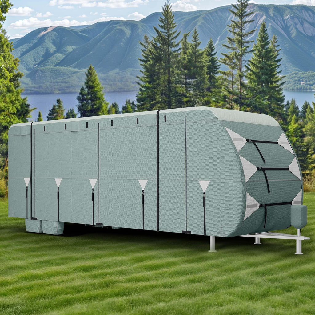 24-27FT Waterproof 7-Layer Camper Cover with Tongue Jack Cover, Tire Covers, Gutter Covers W6152