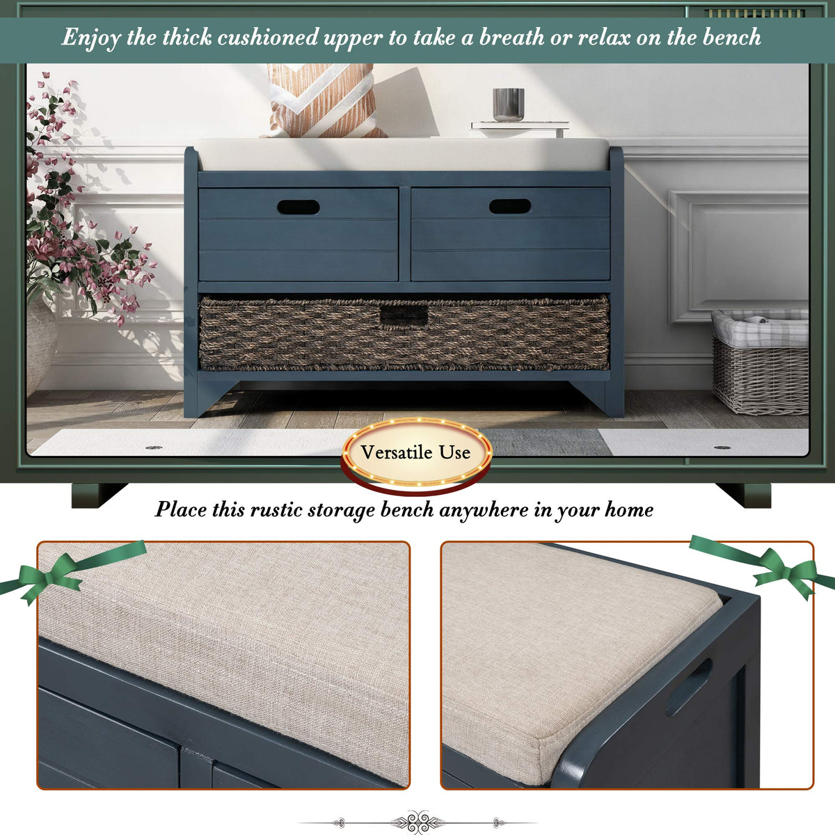 Navy Storage Bench with Drawers and Basket B49078