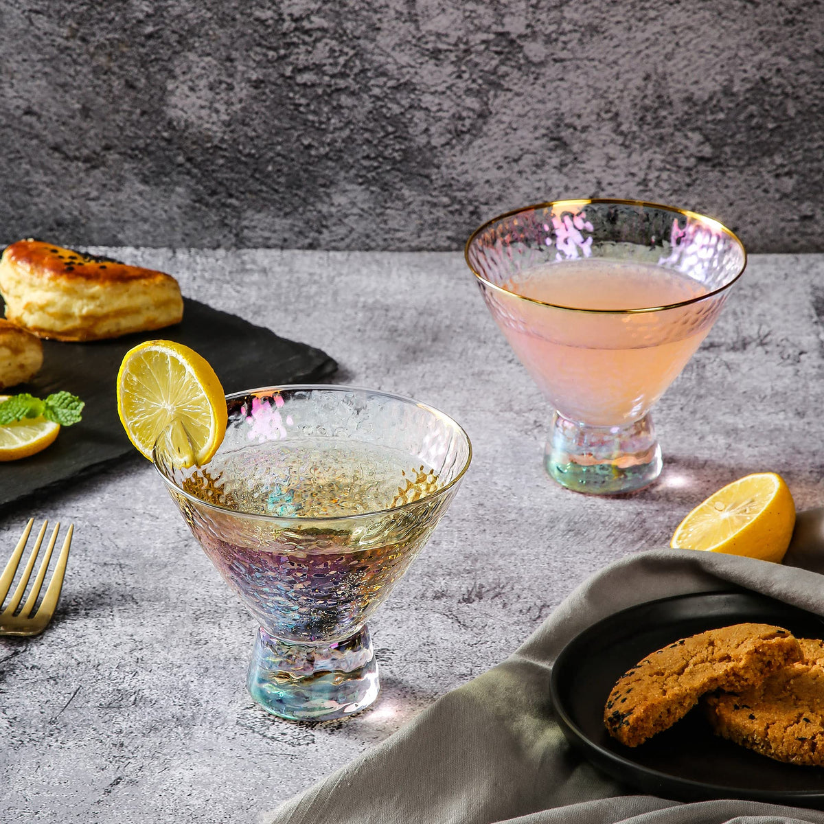 Stemless Martini Glasses Set of 2 Gold Rim J927