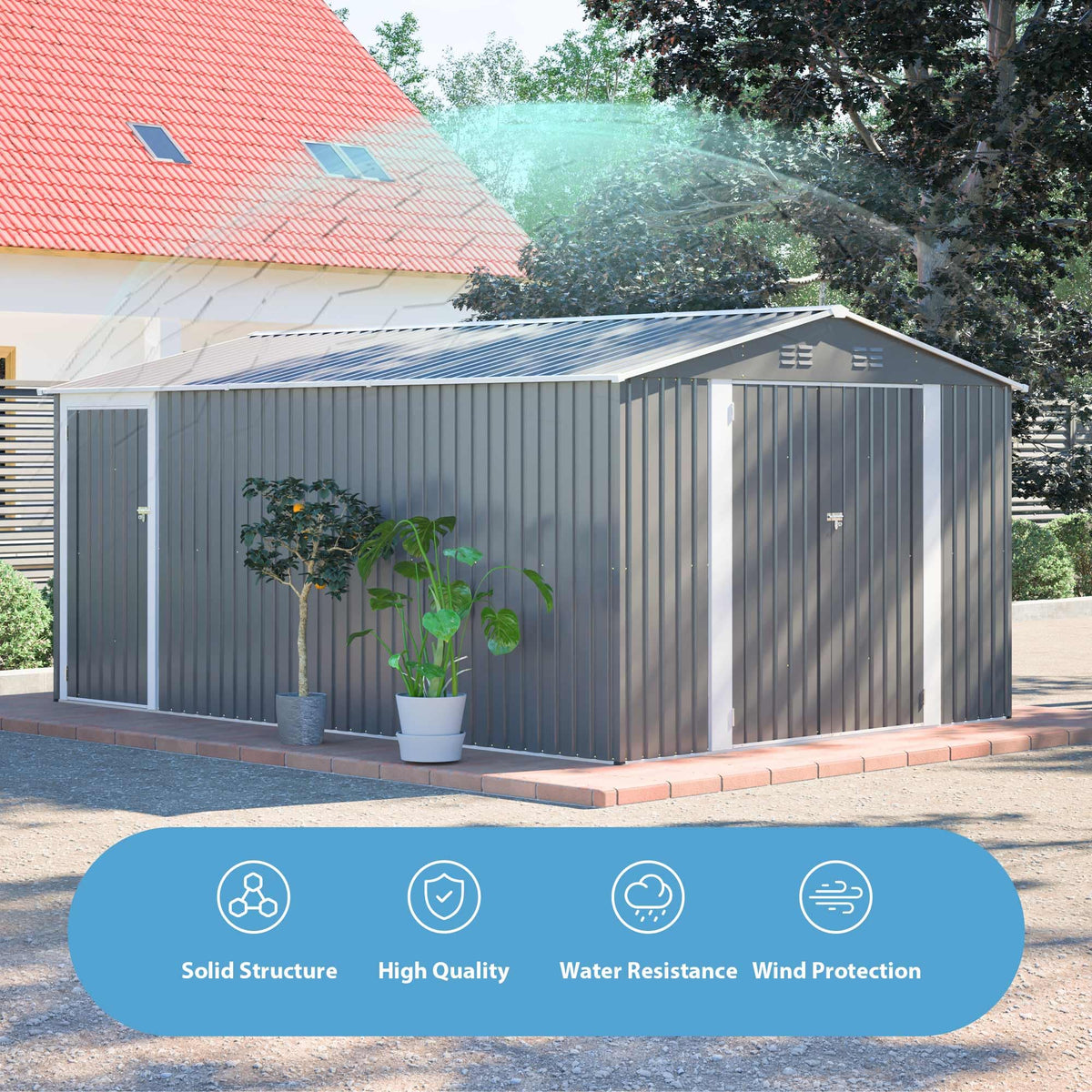 10x14 FT Light Gray Metal Storage Shed S39078